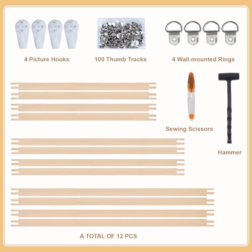 6 Sets 12pcs Needlepoint Stretcher Bars,3 Sizes Canvas,Wall Mount,Splicing Frame for Embroidery/Painting,Includ 12pcs Bars+100 Tracks+Sewing Scissors+Hammer+4 Wall-Mounted Rings+4 Picture Hooks
