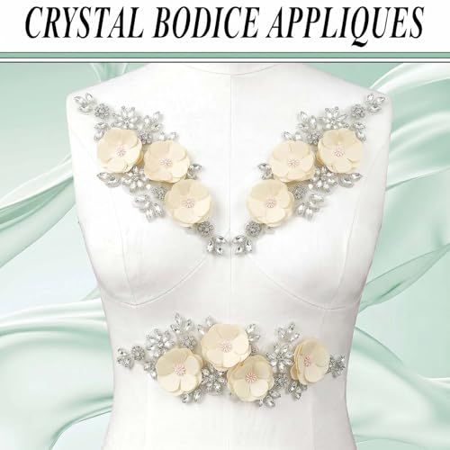 Handmade 3D Flower Embroidery Applique Rhinestone Lace Patches, Beige, 1 PC - color: Beige