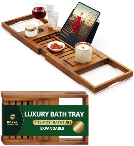 ROYAL CRAFT WOOD Premium Foldable Bathtub Tray Caddy - Wood Bath Tray for Tub, Bamboo Shelf, Expandable Bath Table Trays, Bathtub & Bathroom Accessories for New Home & Mothers, Birthday Gifts for Mom - color: Carbonized Bamboo
