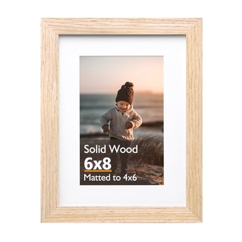KINLINK 6x8 Picture Frame, Natural Solid Wood Frame with Acrylic Plexiglass for Pictures 4x6 with Mat or 6x8 without Mat, Tabletop and Wall Mounting Display Photo Frame 1 Pack - color: Natural, size: 6x8