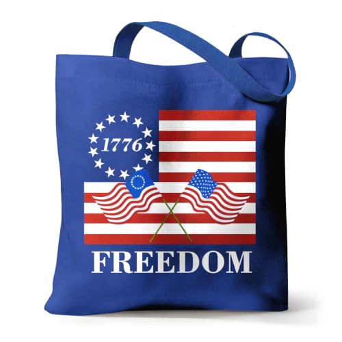 Canvas Tote Bag with Zipper for Women, Halloween Trick or Treat Bags Bulk - color: [A0] Freedom - Blue