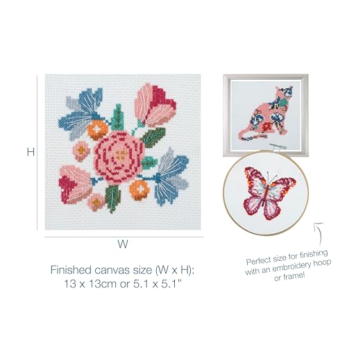 Trimits 3PK Cross Stitch Bundle – Counted Embroidery Kit, Beginner & All Level Starter Set, Complete with Instructions & Thread Children Wall Home DIY Décor – 13x13cm – Butterfly, Cat, Flowers - style: Butterfly, Cat, Flowers