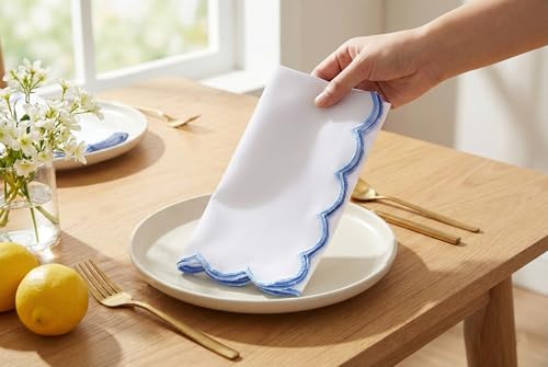 PurpleEssences Scalloped Cloth Napkins 18x18 in - White Edges Light Blue - color: White(edges- Light Blue)