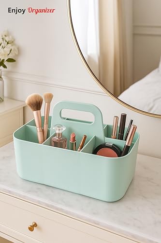 2 Pack Small 6 Compartment Multiuse Caddy Organizer with Handle Art Craft Supplies, Office, Desk, Stationery Pen Holder Stackable- Made In USA (Mint/Ivory) - color: Mint / Ivory