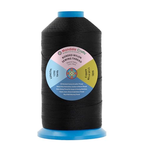 Mandala Crafts Size 138 420D T135 Black Bonded Nylon Thread, 1250 YDs - color: Black, size: T135 #138 420D/3 1250 Yards