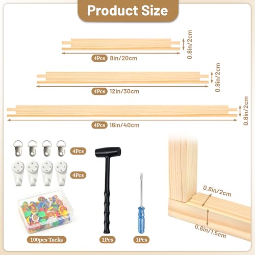 keepxaus 12 Pcs Needlepoint Stretcher Bars – Wooden Bars for Needlework, 3 Sizes 8/12/16 Inch Frame with 100 Tacks, Hooks, Hammer & Flathead Screwdriver for Cross Stitch, Embroidery & Canvas Crafts