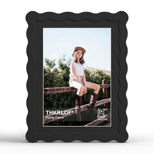 6x8 Picture Frame with Mat for 5x7, Wavy Edge Wooden Real Glass Photo Frame for Tabletop and Wall Hanging, Black, 1 Pack - color: Black, size: 6x8 in