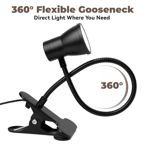 Eye-Caring Clip On Desk Lamp, 3 Color Modes & 10 Brightness LED Reading Light with Clamp, 360° Rotatable Gooseneck Reading Light, Portable Clamp Lamp for Bedroom, Office and Study (Black-Small)