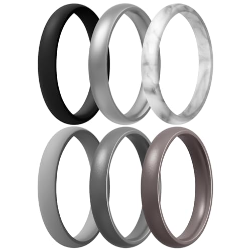 Egnaro Women's Silicone Wedding Ring 2.5mm Wide 1.8mm Thick Rubber Band Set - color: A3-Black, Silver, Marble, Dark silver, Light Gray, Metallic Platinum
