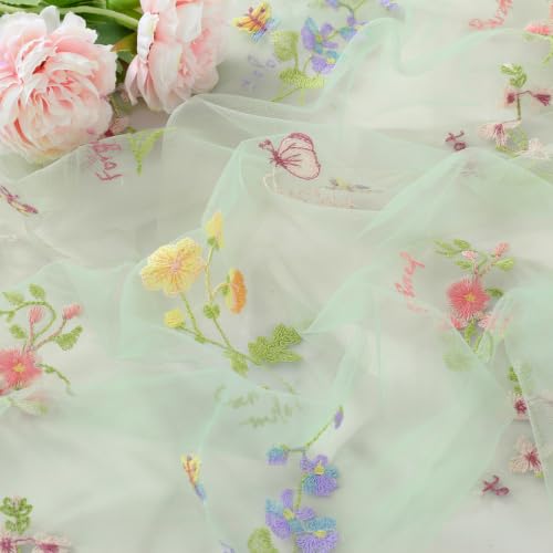 Floral Gauze Table Runner Green 10ft Embroidery Tulle Spring Wildflower - color: Green, size: 27"x120",1pc