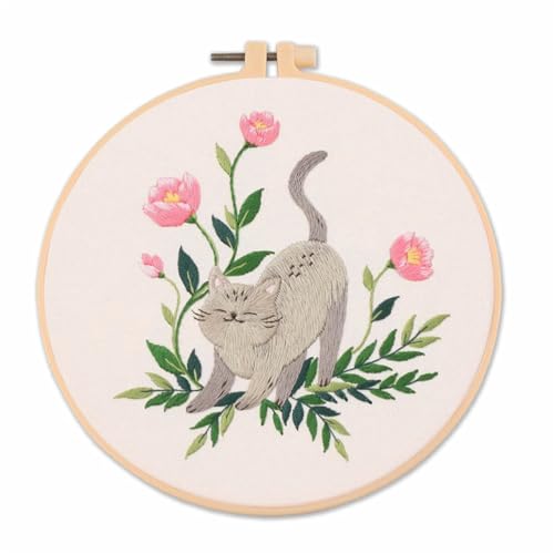 Meecaa Flower Embroidery Kit Starter Set, Hand Embroidery Set,Pattern Printed Cross Stitch Set for Beginner Adults, with Embroidery Hoop and Instructions (Tabby Cat) - color: Tabby Cat