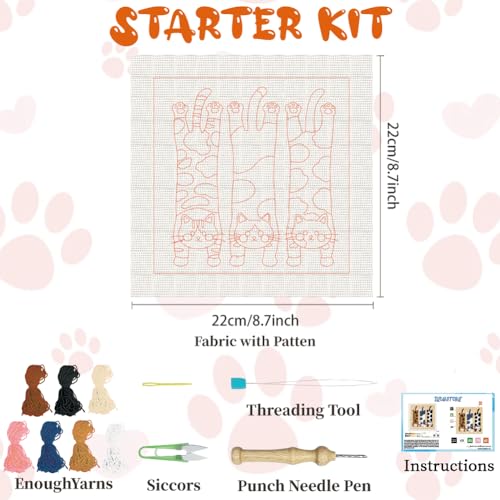 BEUNITONE Lie Flat Cat Punch Needle Kit for Adults Beginners, Complete DIY Craft Needlepoint Kits with Hoop, Punch Needle Starter Craft Embroidery Set for Festival Gift and Cloth Home Decor 9.4X9.4" - color: 04-Sleeping Cat