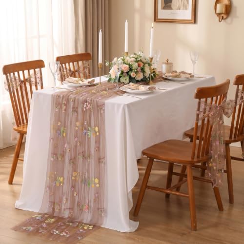Floral Gauze Table Runner 10ft Embroidery Tulle Spring Wildflower Table - color: Brown, size: 27"x120",1pc