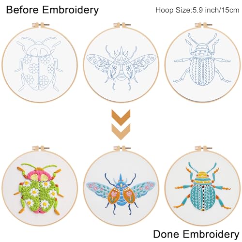 Louise Maelys Beetle Embroidery Kit for Beginners 3 Pack Nature DIY Set - color: beetle flower