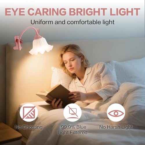 Clip On Light and Flower Bedside Table Lamp, Flexible Gooseneck Reading Book Light with 3 Color Modes, Night Light for Kids Nursery, Clip on for Desk, Bed Headboard, Dorm (Pink) - color: Pink