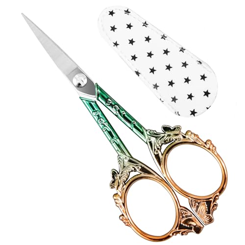 Crochet Scissors with Cover – Green Gold Vintage Small Embroidery Scissors, Sharp Craft Scissors for Yarn Thread Sewing Needlework, Cute Butterfly Design Gift for Crocheter Quilter, 4.6 Inch - color: Green Rose Gold