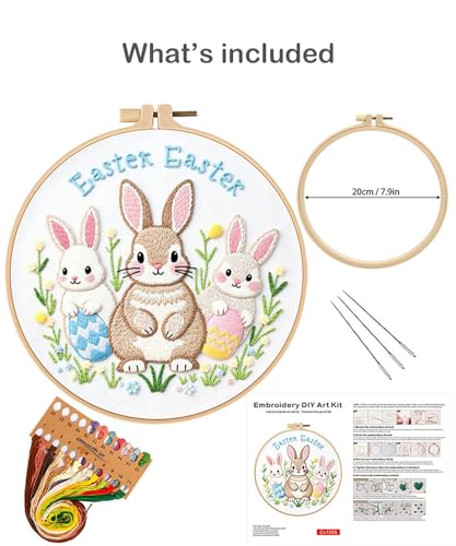 ELTONGUU Embroidery Kit for Beginners Adult, Rabbit Pattern Embroidery Kit Easter Themed Include Embroidery Cloth Hoops Threads, Cross Stitch Kits for Craft Lover Hand Stitch - color: 3 Rabbit