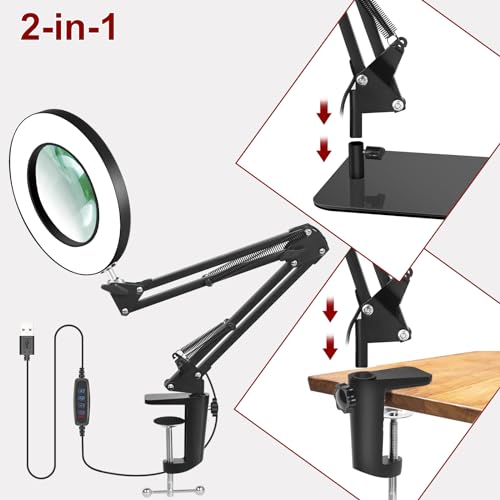 12X Magnifying Lamp with Light, 2-in-1 Clamp Desk LED Magnifier - size: 5 Inches - 12X