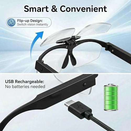 160% Hands-Free Magnifying Glass with Light - Rechargeable LED Illuminated Head Magnifier, Flip-Up Design | Perfect for Reading, Repair, Crafts & Close Work (Black)