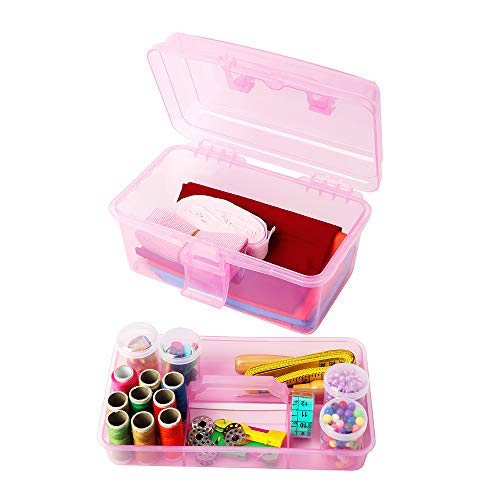 Multipurpose Plastic Storage Container Organizer Box Case with Removable Tray and Handle for Art, Craft, Sewing Supplies, Clear&Pink - color: clear/pink