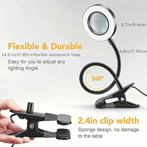 Reading Lamps, Clip on Desk Lamp,Craft Lamp Adjustable Lighted Magnifying Glass with Stand Portable Eye LED Light 3 Colors Dimmable for Reading Crafts Workbench (Adapter Available)