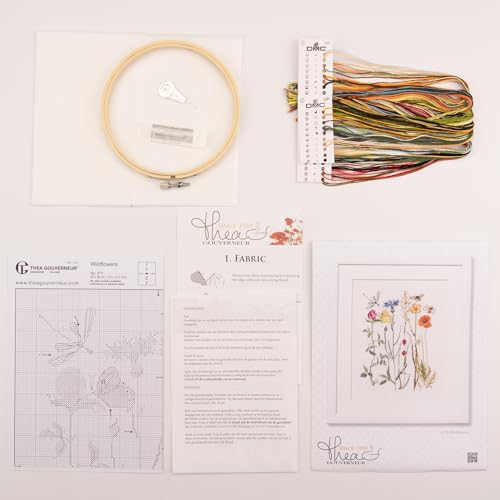 Thea Gouverneur Wildflowers Cross Stitch Kits - Inspirational Crafts for Adults with 16 Count Aida, DMC Threads & Hoop - Create Beautiful Cross Stitch Art - color: 577A Aida