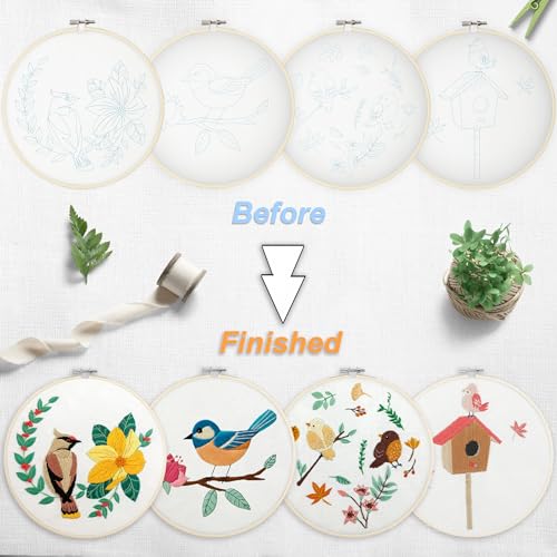 Bonroy 4 Sets Embroidery Set for Beginners, Art Craft, Easy Sewing, Includes Embroidery Clothing, Pattern, Embroidery Hoop, Instruction Manual, Colorful Thread Needles Set (6 Pieces) - color: Bird