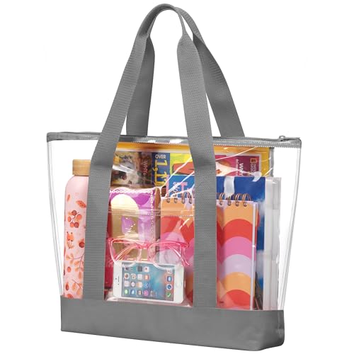 Handy Laundry Clear Tote Bag - Zipper Closure, Long Shoulder Strap, Fabric Trimming. - color: Grey