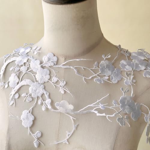 2pcs Iron on Plum Flower Applique White Color Embroidery Vine of Floral for Clothing,Costumes - color: White