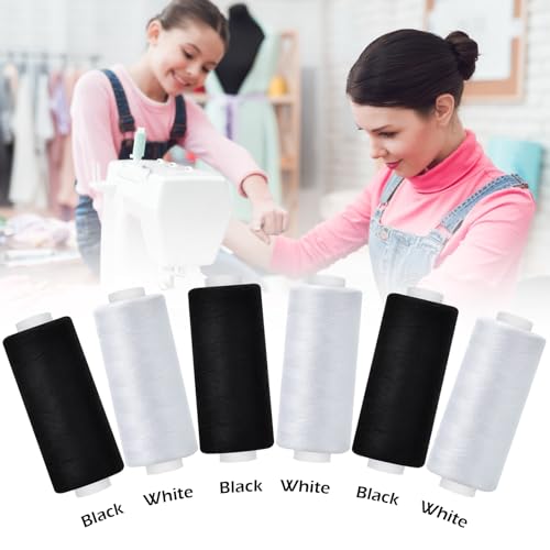 6 Pcs Sewing Thread Kit, 400 Yards Each Spool 402 Polyester Thread with Sewing Needle & Threader, Sewing Threads for Sewing Machine, Hand Stitching, Embroidery - color: 3black+3white