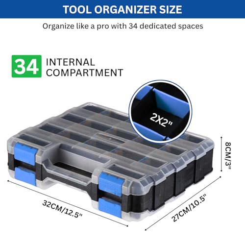 Andalus Tools Organizer Box, Small Parts Storage 34-Compartment Double-Sided Portable Hardware Organizer Removable Plastic Dividers for Screws, Nuts, Bolts, Nails – Blue (2 Pack, 12.5" x 10.5" x 3") - color: Blue, size: 2 Pack