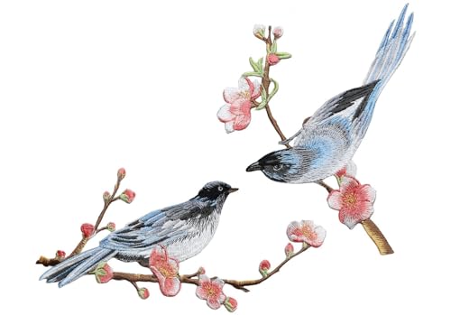 Iron/Sew on Applique Repair Patches, Blue Bird on Plum Branch Patch - color: Blue Bird on Plum Branch