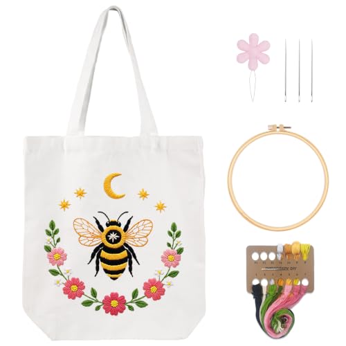 Nuberlic Embroidery Tote Bag Kit for Beginners with Bee Floral Pattern - color: bee2