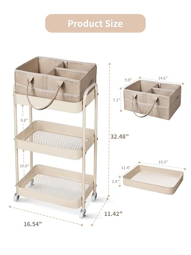 Fortella Baby Diaper Caddy, 3 Tier Rolling Cart for Baby Essentials, Taupe - color: Taupe