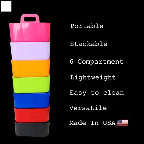 2 Pack Small 6 Compartment Multiuse Caddy Organizer with Handle Art Craft Supplies, Office, Desk, Stationery Pen Holder Stackable- Made In USA (Orange/Green) - color: Orange / Green