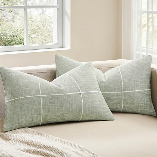 2 Packs Grid Embroidery Lumbar Pillow Covers 12x20in Sage Green - color: Light Sage Green, size: 20" x 12" (Pack of 2)