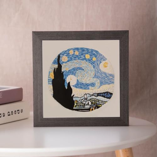 Esffaci Embroidery Starter Kit for Adults Beginners with Van Gogh Starry Night Pattern Stamped Cross Stitch Set with Embroidery Cloth Hoop Needles Threader Colorful Floss and Instruction - color: Starry Night