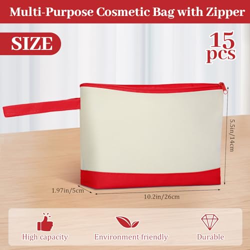 Silkfly 15 Pcs Cotton Canvas Makeup Bags Cosmetic Zipper Bags 10.2 x 5.5 x 2'' Blank DIY Pouch Bulk Pencil Case with Bottom Travel Toiletry Pouch for Women Craft Decor Gift (Beige and Red) - color: Beige and Red