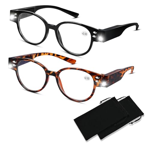 Bright LED Readers with Light Magnifying Glasses Blue Light Blocking Eyeglasses for Women Men Nighttime LED Reading Glasses+200 - size: +200