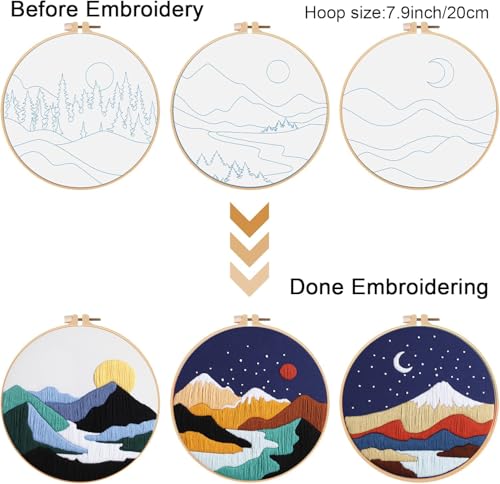 GLTAYLMY 3 Set Landscape Embroidery Kits for Beginners with Mountain Sun Moon Pattern,Adults Starter Cross Stitch Kit DIY Needlepoint Kits - color: Landscaping2