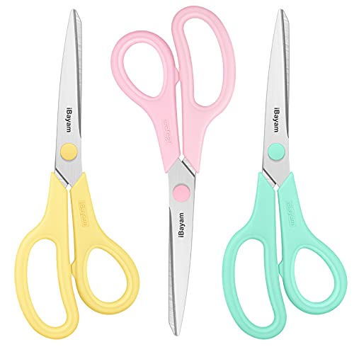 iBayam 8.5" All Purpose Yellow Pink Teal Scissors for School Office Teacher - color: Yellow, Pink, Green, size: 3-Pack