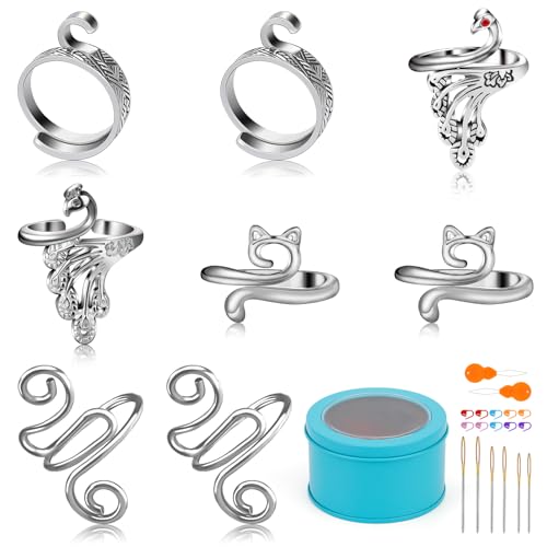 8 Pcs Crochet Ring, Adjustable Crochet Ring for Finger, Tension Rings - color: Silver - 8 Pcs
