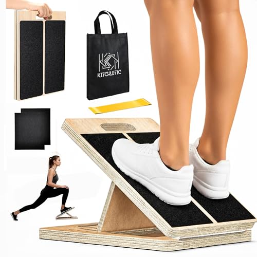 Wooden Slant Board for Calf Stretching, Adjustable Calf Stretcher Incline Wedge for Squats, Foot Ankle Heel Leg Stretch, Physical Therapy Balance Board, Portable with Carry Bag & Loop Band