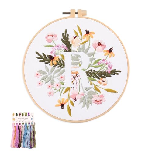 artcici Embroidery Kits Plant Flower Leaf English Letter Patterns for Beginners Adults, Full Range Embroidery Starter Kits Cross Stitch Needlework Supplies (Letter R) - color: Letter R