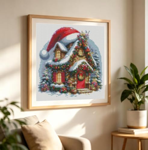 Christmas SnowHouse Stamped Cross Stitch Kits for Adults, Santa Hat 11CT Needlepoint Counted Cross Stitch Kits for Beginner, Printed Dimensions Embroidery Kit Art Craft for Home Wall Decor 14x14 Inch - color: SZXY011-US