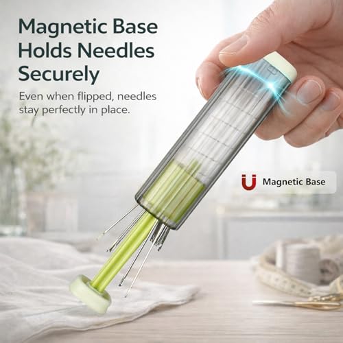 Pop-Up Needle Box Magnetic Needle Case, Sewing Needles Dispenser with 18Pcs Sewing Needles 3 Sizes and 2-in-1 Seam Ripper and Threader, Compact Sewing Kit Portable Basic DIY Home Repair - color: Green