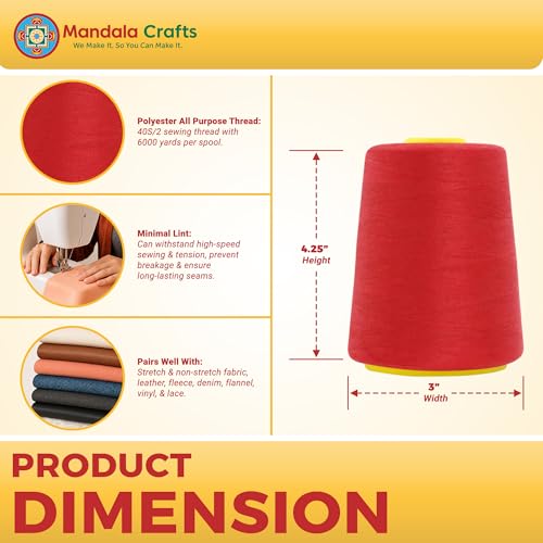 Mandala Crafts 40S/2 Red Polyester 4 Pack of Serger Threads Cones - color: Red, size: Pack of 4 40S/2 24000 YDs