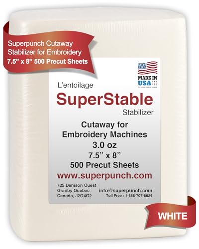 Superpunch Cutaway Embroidery Stabilizer, 3.0 oz, White, 7.5 x 8 in - color: White, size: 500 pre-cut pieces 7.5" x 8"
