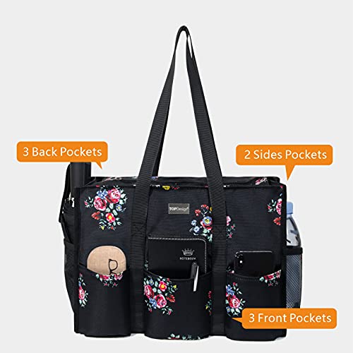 TOPDesign Utility Water Resistant Tote Bag with 13 Pockets, Zipper Closure - color: Blooming Flower, size: Large