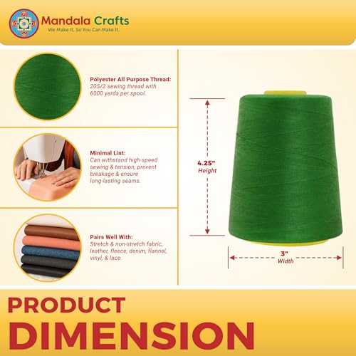 Mandala Crafts 20S/2 Green Polyester 4 Pack of Serger Threads Cones - color: Green, size: Pack of 4 20S/2 24000 YDs